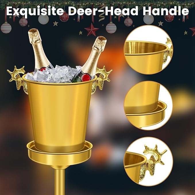 Ice Bucket with Stand,Gold Stainless Steel Champagne Ice Bucket,Deer Head Handle Wine Chiller Bucket for Christmas Wedding Bars,5L Wine Bucket on Stand for Cocktails Beer Sparkling Wine