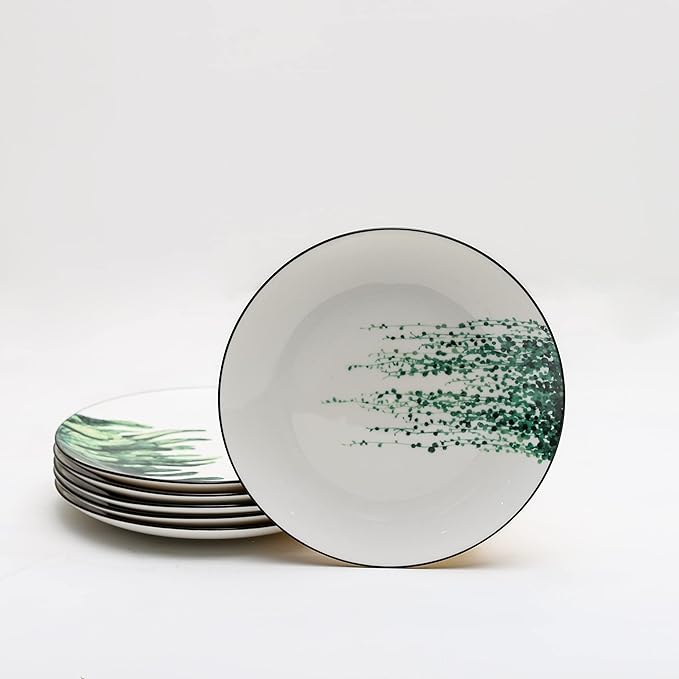 8 Inch Set of 6 Assorted Designs, Porcelain Plates with Plants Pattern, White Ceramic Dinnerware for Steak Luncheon Salad Dessert Serving Bread, Microwave Oven Dishwasher Safe