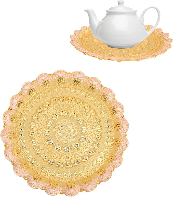 Gold Silver Tray,Gold Turkish Round Coffee Tea Serving Tray Vintage Embossed Pattern Round Coffee Plate for Bar Outdoor Dresser Dessert (Gold)