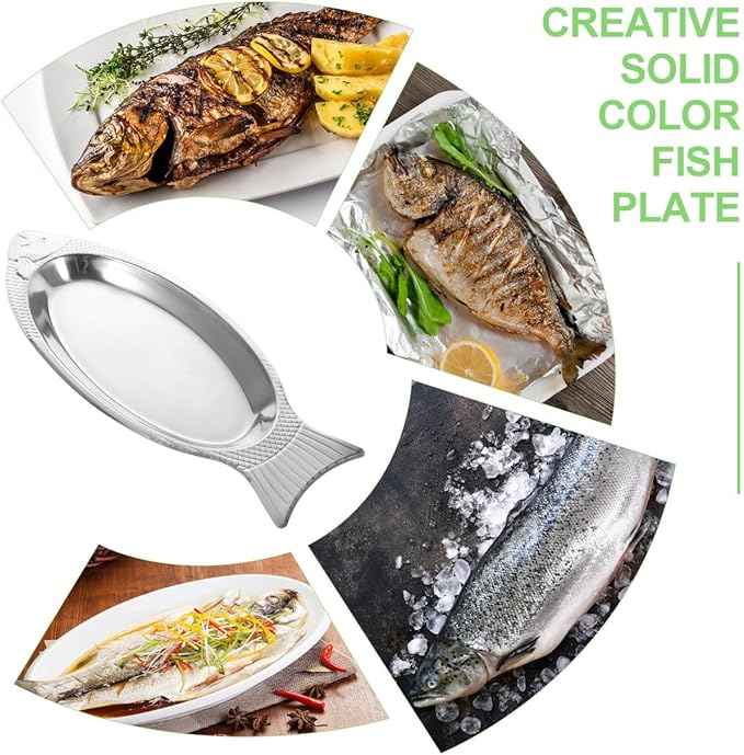 Cabilock Fish Shaped Steamed Fish Plate with Magnetic Base Stainless Steel Serving Tray 15.74 Inch Mirror Finish for Kitchen Dining and Entertaining