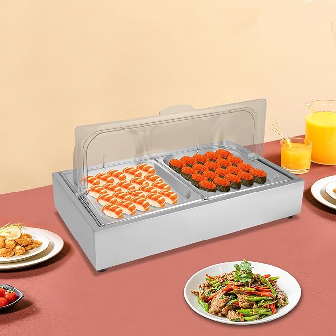 Ice Food Serving Display Tray Stainless Steel Buffet Dishes Display Plate Case with Clear Roll Top Countertop Food Serving Container for Seafood Fruit Salad (Silver, 22.05x14.17x10.63in)