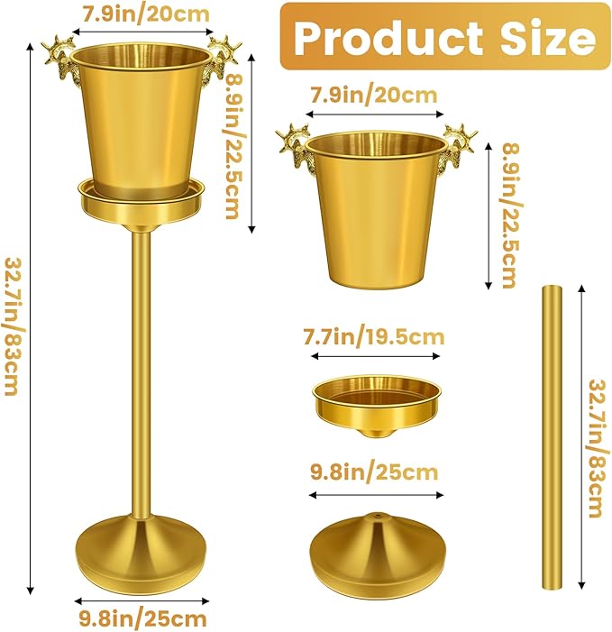 Ice Bucket with Stand,Gold Stainless Steel Champagne Ice Bucket,Deer Head Handle Wine Chiller Bucket for Christmas Wedding Bars,5L Wine Bucket on Stand for Cocktails Beer Sparkling Wine