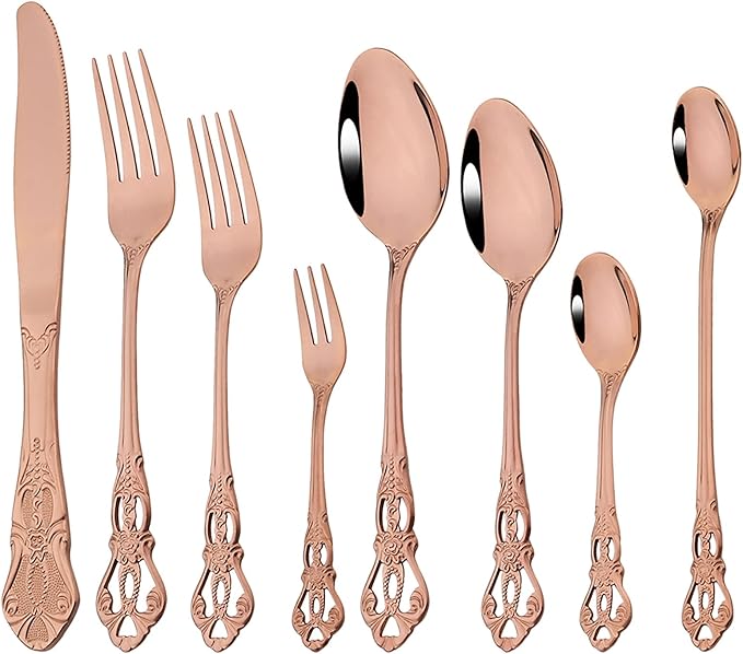 Elegant 32-Piece (4 Set) Retro Flatware Set, Stainless Steel Cutlery Set - Complete Eating Tableware Serving Set, Dishwasher Safe, Shiny Mirror Polish (Rose Gold)