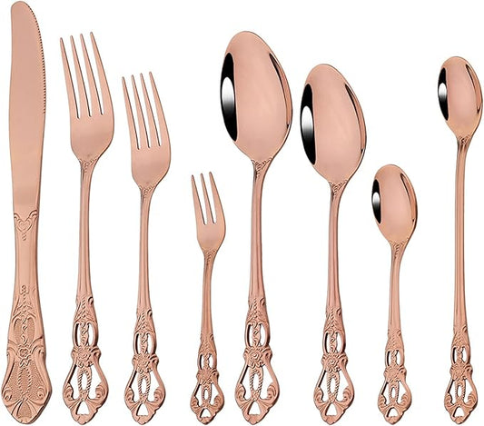 Elegant 32-Piece (4 Set) Retro Flatware Set, Stainless Steel Cutlery Set - Complete Eating Tableware Serving Set, Dishwasher Safe, Shiny Mirror Polish (Rose Gold)