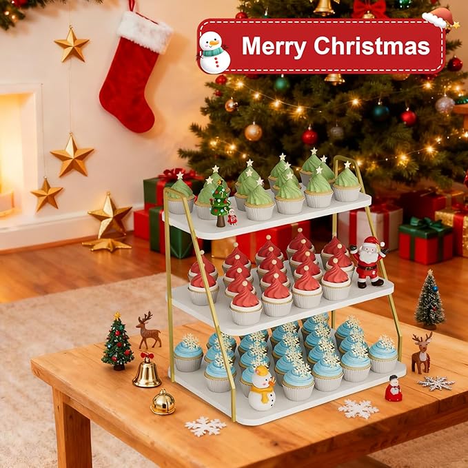 Cupcake Stand, 3-Tier Dessert Stand for 55 Cupcakes, Wood & Metal Tower Display Premium Holder Dessert Tree Tower for Christmas Birthday Weddings Party Decor, Serving Tray (White & Gold)