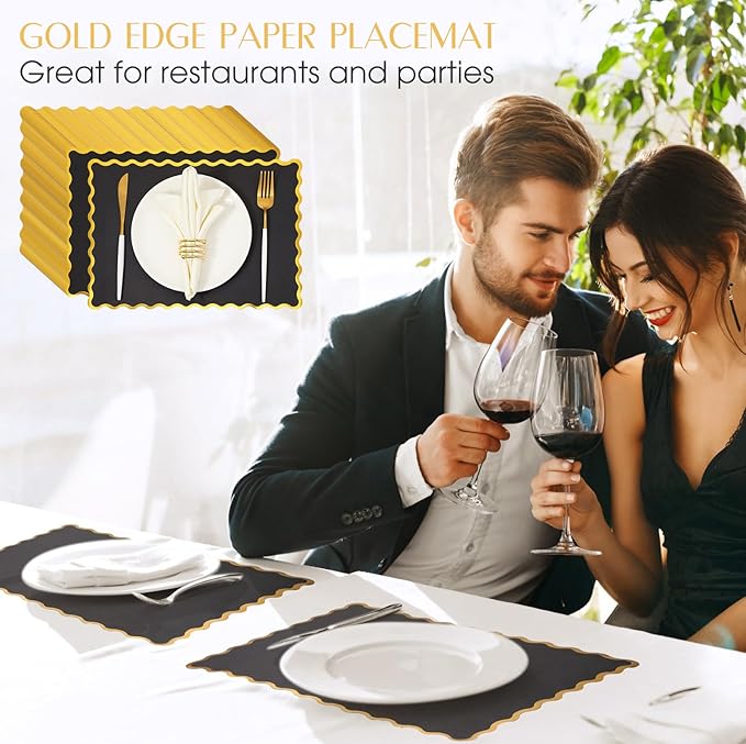 150 Pcs Disposable Paper Placemats Bulk 10"x14" Rectangle Place Mats with Scalloped Edges Dining Table Mat for Wedding Birthday Easter Party Table Decoration(Black)