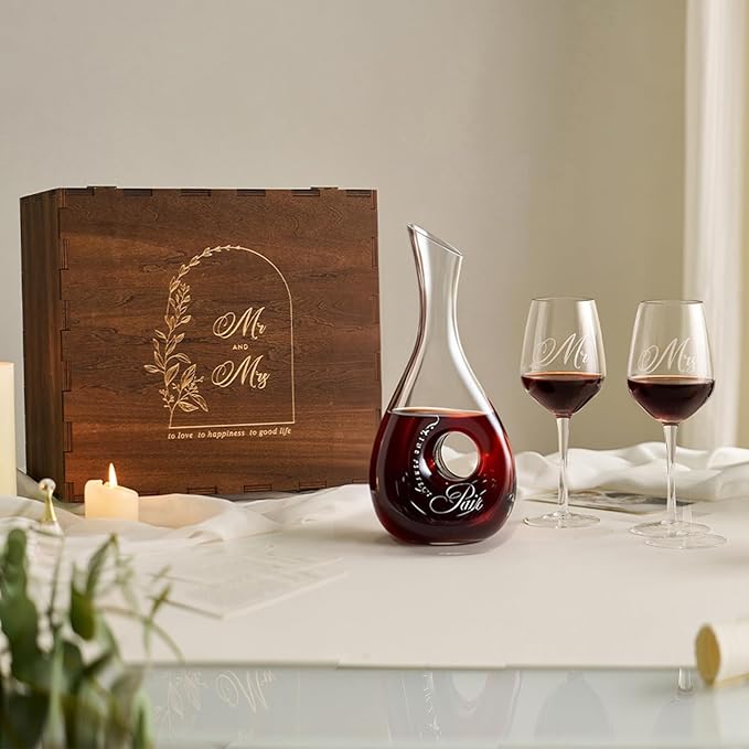 AW BRIDAL Mr and Mrs Wine Glasses and Decanter Set, Engagement Gifts for Couples 2025, Wedding Gifts for Bride and Groom, Anniversary Wine Glasses with Keepsake Box, Bridal Shower Gift for Bride to Be