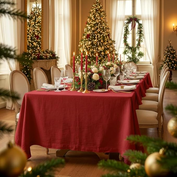 D'Moksha Homes Red Linen Tablecloth 54 x 72 Inch - 100% Pure Linen Tablecloth for Rectangle Tables - Machine Washable Table Cloth for Winter, Christmas, Holiday, New Year