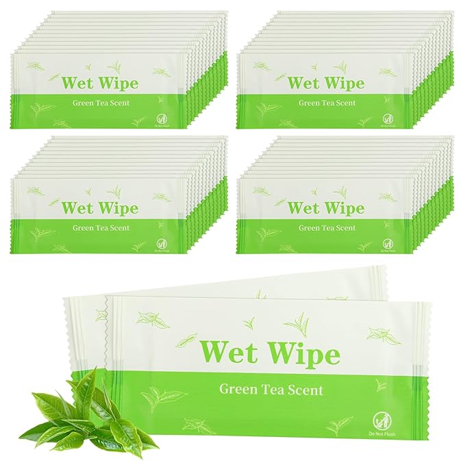 Hand Wipes Travel Size, 100 Pcs Individually Wrapped Wet Wipe Napkins for Wedding, Barbecue, Restaurant, Green Tea Scent