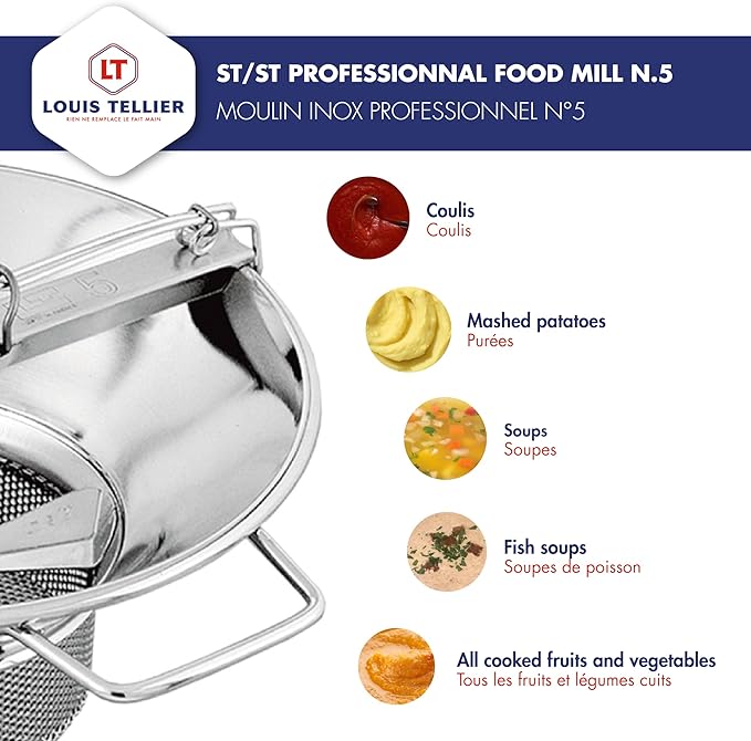 LOUIS TELLIER - Professional Stainless Steel Food Mill - Includes 3mm Disc - High Productivity (11 lbs/min) - Soups, Purees, Compotes, Coulis – Robust - 16.5 in x 15.7 in x 12.6 in - Made in France