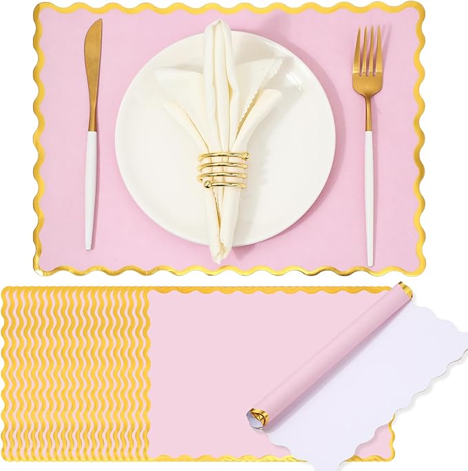 150 Pcs Disposable Paper Placemats Bulk 10"x14" Rectangle Place Mats with Scalloped Edges Dining Table Mat for Wedding Birthday Easter Party Table Decoration(Pink)