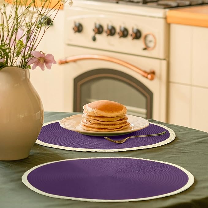 Noctiflorous Round Placemats Set of 6, 15 Inch Braided Hand Woven Table Mats, Heat Resistant Non-Slip Wipeable Thin Edge Place Mats for Kitchen Dining Indoor Outdoor Use(Purple, 6)