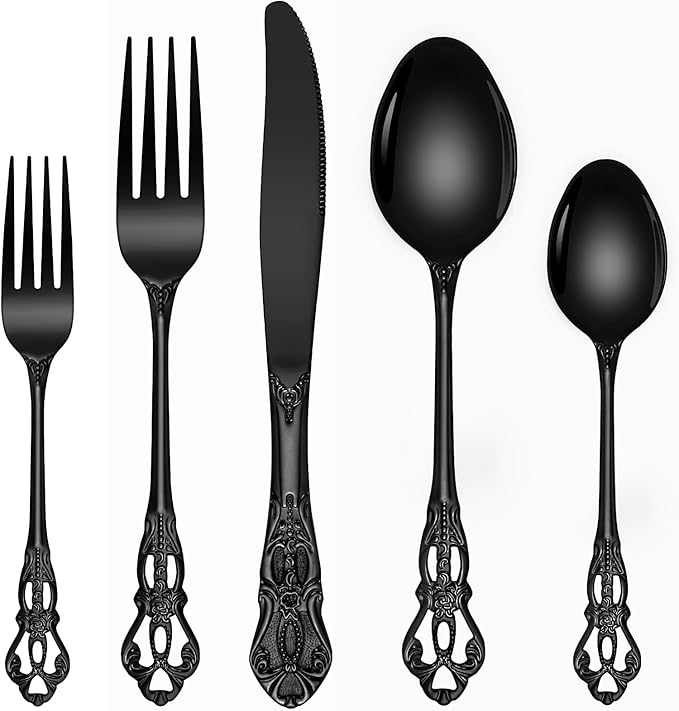 60-Piece Retro Royal Black Silverware Set for 12, Premium Vintage Black Flatware set with Food-Grade Mirror Polish Stainless Steel Fork Spoons Knives Utensil Cutlery Set, Dishwasher Safe