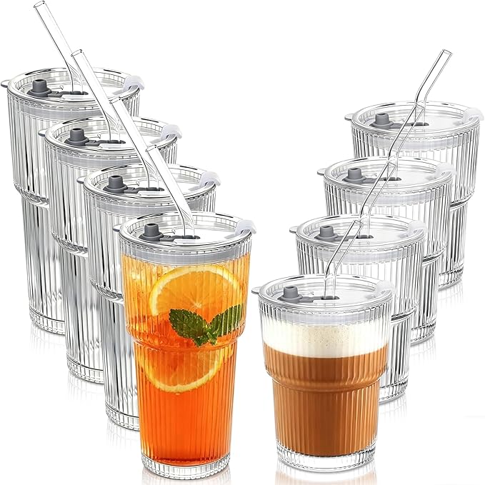 JUNDRUM Ribbed Drinking Glasses with Lids & Straws, Leak-Proof 20oz and 15oz Glass Cups, 8PCS Glass Tumblers, Ideal for Home, Office, Outdoor Use
