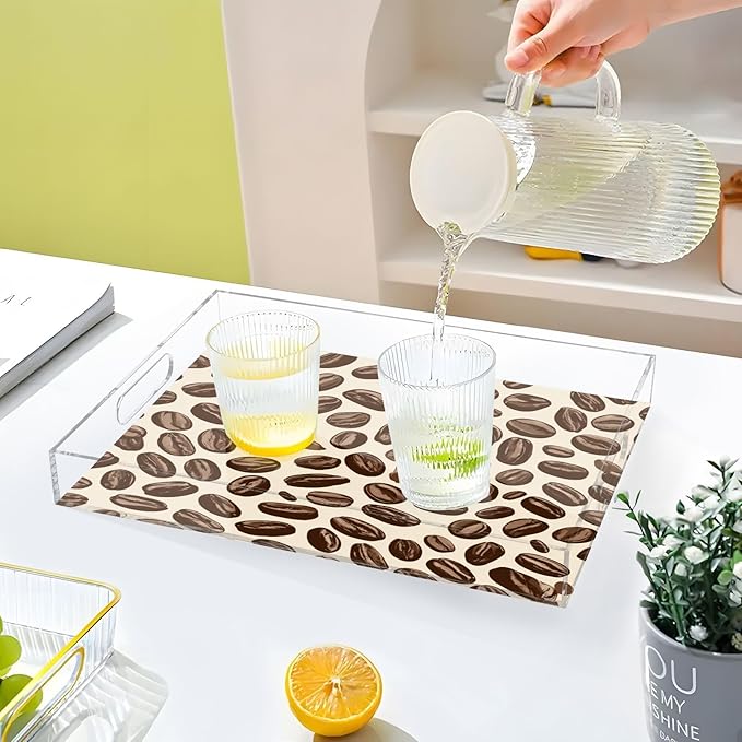 Serving Tray with Handles Clear Acrylic Tray 12x16 Inch Decorative Rectangular Tray Organizer for Ottoman Coffee Table Bathroom Many Simple Coffee Beans