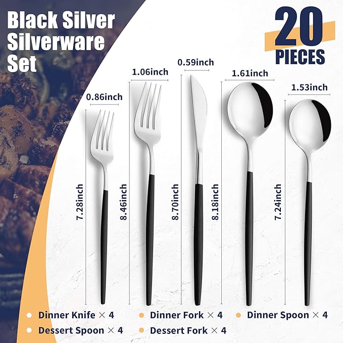 20 Piece Black Silver Silverware Set,Stainless Steel Flatware Cutlery Set Service for 4 Including Forks Spoons Knives,Utensil Set,Tableware for Home and Restaurant, Dishwasher Safe