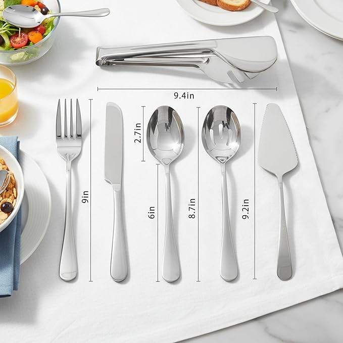 6 PCS Premium Stainless Steel Serving Utensils Set, Large Serving Spoons Slotted Spoons, Forks, Ice Tongs, Cake Server, Soup Ladle, Metal Flatware Set for Buffet Catering Banquet Home Party (Silver)