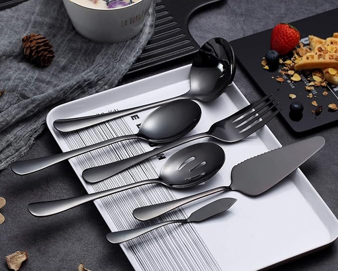 6-Piece Black Serving Flatware Silverware Set,Stainless Steel Serving Utensil Set,Include Cake Server, Slotted Serving Spoon, Serving Spoon, Cold Meat Fork, Butter Knife, Soup Ladle