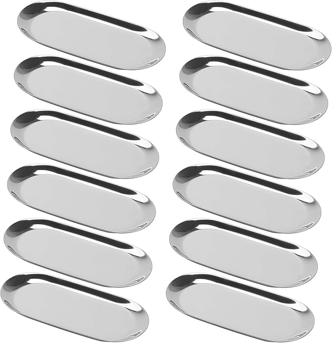 SHEUTSAN 12 PCS Silver Decorative Tray, 7x3 Inch Small Stainless Steel Tray for Bathroom, Jewelry, Candles