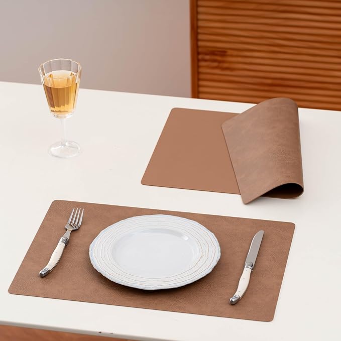 Placemats Set of 4 - Faux Leather 100% Waterproof Oil-Proof Wipeable PU Place Mats, Heat Resistant Reversible Table Mats for Kitchen, Dining, Outdoor (Khaki)