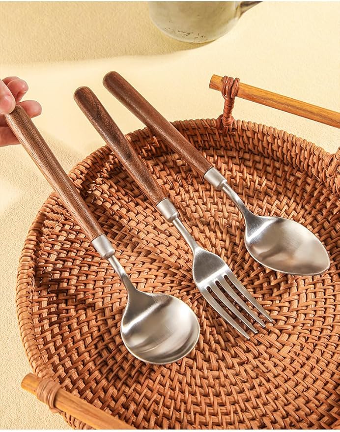 Stainless Steel Flatware serving set,Home Kitchen Eating Tableware Set,Dishwasher Safe,For Home Kitchen Restaurant Hote 4/16/24 Pieces 304 Stainless Steel Wooden Handle Spoons For Home Use For Eating