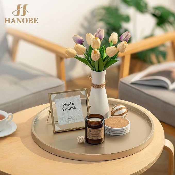 Hanobe Large Ottoman Serving Tray: 18” Gold Round Decorative Coffee Table Trays Wooden Big Circle Farmhouse Centerpiece Home Decor Living Room Organizer