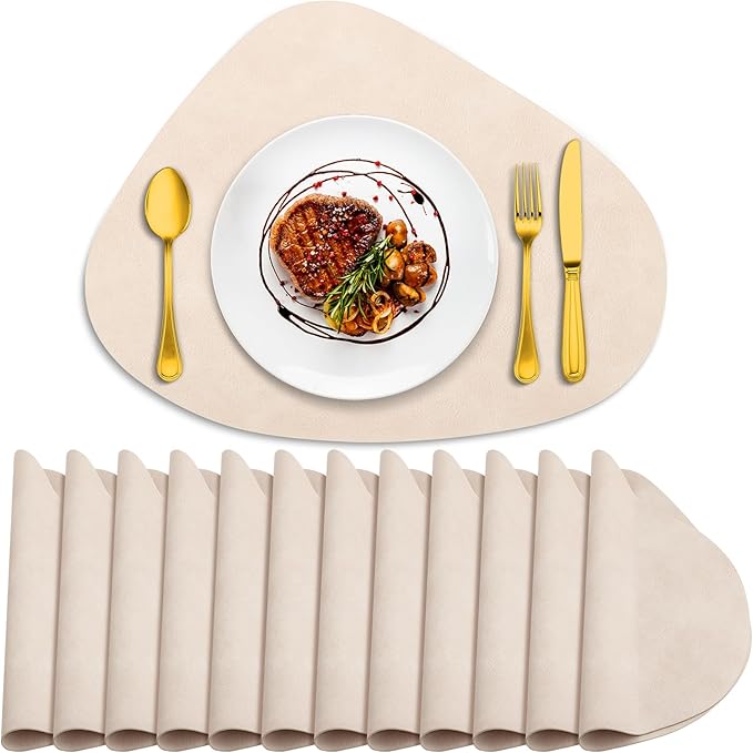 ADRIMER Placemats, Heat Resistant Round Placemats Set of 12 Washable 13 x 17 Inch, Waterproof Table Mats Wipeable for Kitchen, Dining Room Table Christmas Decor, Beige