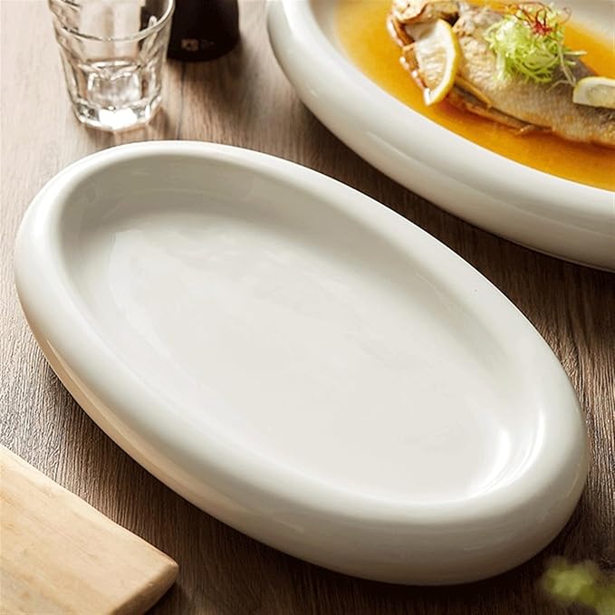 SONGCHAO Party Supplies White Oval Ceramic Dinner Plate Steamed Fish Plate Sushi Plate Salad Plate Home Dessert Plate Appetizer Plate Party Plates (Size : 12inch)
