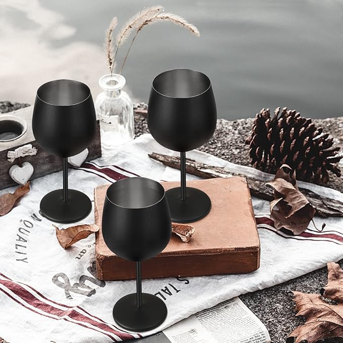 Lifecapido Stainless Steel Wine Glasses Set of 4, 18oz Stainless Steel Wine Goblets with Cup Brush, Stemmed Metal Wine Glasses for Party Office Wedding Anniversary, Great for Red White Wine (Black)