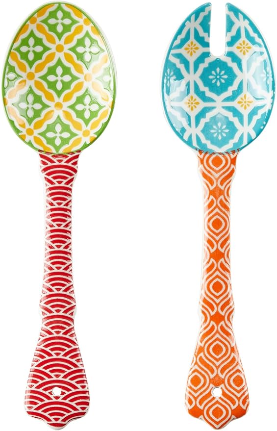 Ceramic Salad Servers, 9" Salad Spoon and Fork Set, Salad Tongs for Mixing, Tossing, Cooking and Stirring, Dishwasher & Microwave Safe, Set of 2, Orange & Red