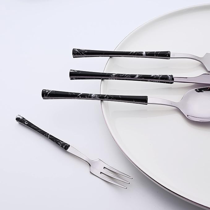 Cooking Black Silver Flatware Set, Stainless Steel Silverware Set 20 Piece with Black Marble Texture, Tableware Cutlery Set Service for 4, Include Knife Fork and Spoon, Dishwasher Safe