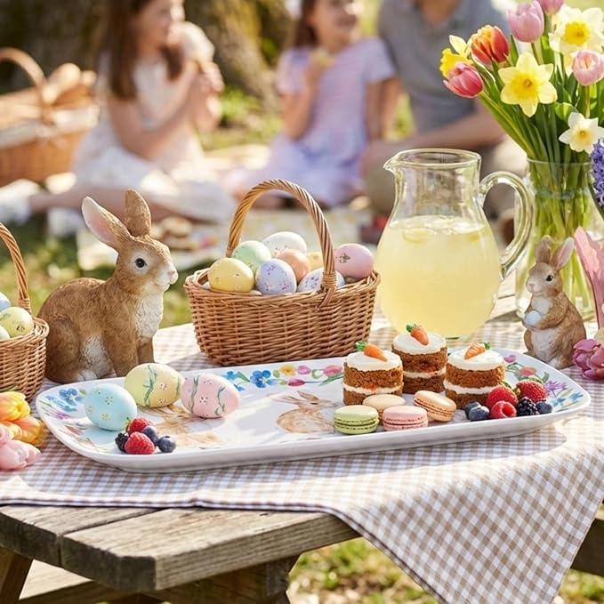 UPware Easter Bunny Melamine Serving Tray, 15 x 6.5 Inch Rectangular Serving Platter, BPA Free Food Tray for Party Entertaining