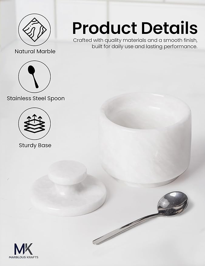 MARBLOUS KRAFTS Marble Salt Cellar with Lid & Spoon 3' White Small Flaky Salt Container, Seasoning Jar, Spice Storage Countertop, Ideal For Salt Box, Sugar Jar Kitchen Décor