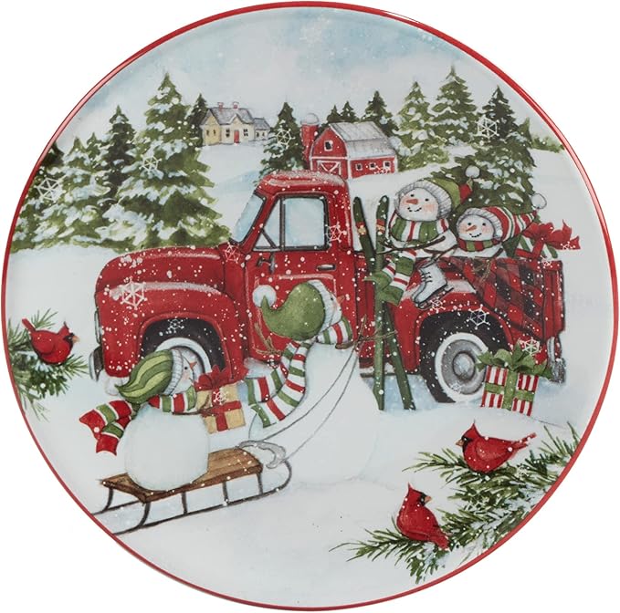 Certified International Red Truck Snowman 6" Canape/Luncheon Plates, Small, Multicolor, Set of 4 (Pack of 3)