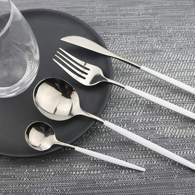 JASHII 24 Piece Titanium White Plated Stainless Steel Flatware Set, Flatware Set, Cutlery Set Service for 6 (White Handle, Shiny Silver)