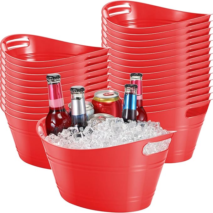 Norme 24 Pcs Oval Storage Tub with Handles 4.5L Plastic Ice Bucket, Wine, Beer, Champagne Drink Cooler for Parties, Beverage Storage Basket(Red)