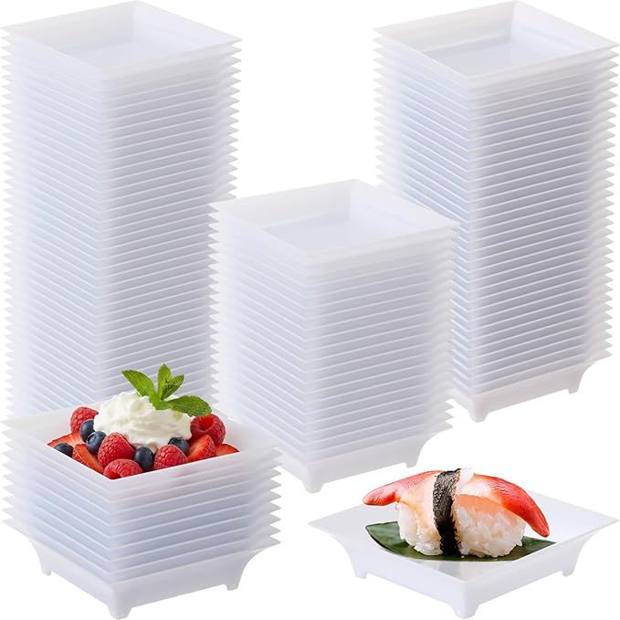100 Pcs Mini Appetizer Plates Bulk 1 oz 2.4 Inch Square Plastic Dessert Plates Disposable Appetizer Tray for Wedding Shower Valentine's Salad Cake Afternoon Tea Birthday Party (White)