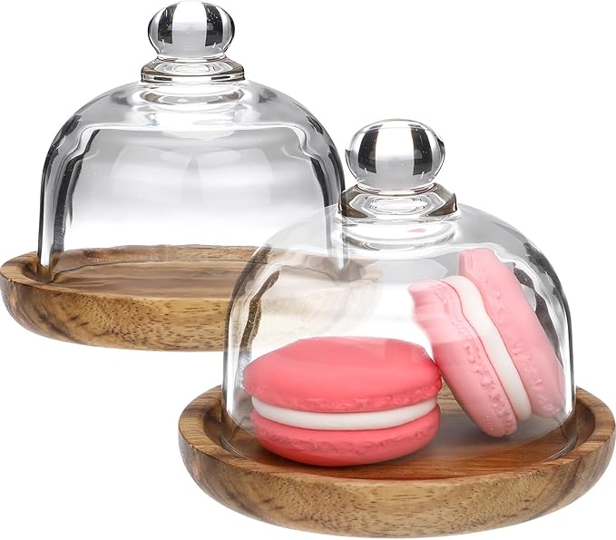 Amosfun Glass Dessert Dome Wooden Base Set - Mini Cake Stand Cake Serving Tray with 3 Inch Glass Dome Cover Birthday Wedding Party Dessert Serving Platter