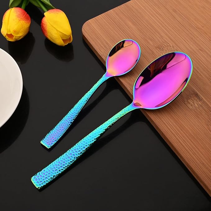 JASHII 5-Piece Rainbow Hammered Flatware Hostess Set Stainless Steel Serving Fork Slotted Serving Spoon Butter Knife Teaspoon Set for Buffet Party Mirror Polished Dishwasher Safe