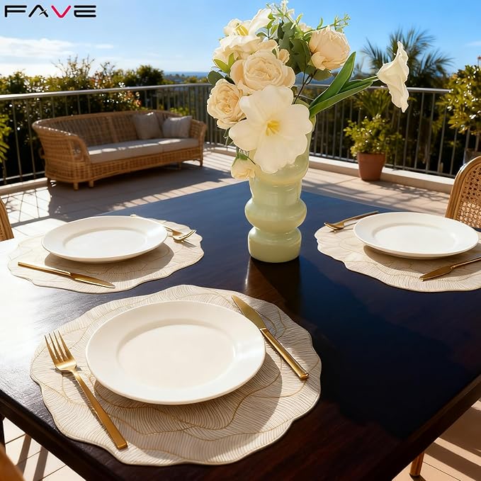 FAVE 6PCS Floral Placemats Golden Placemats Vinyl Placemats Set of 6 for Dining Table Durable Table Mats for Wedding, Banquet, Birthday, Party, Restaurant Decorations（15 x15,Gold Rose）