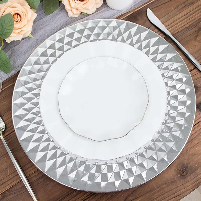 Efavormart 6 Pack | 13" Sparkling Silver Diamond Disposable Dinner Serving Plates, Shiny Round Plastic Charger Plates