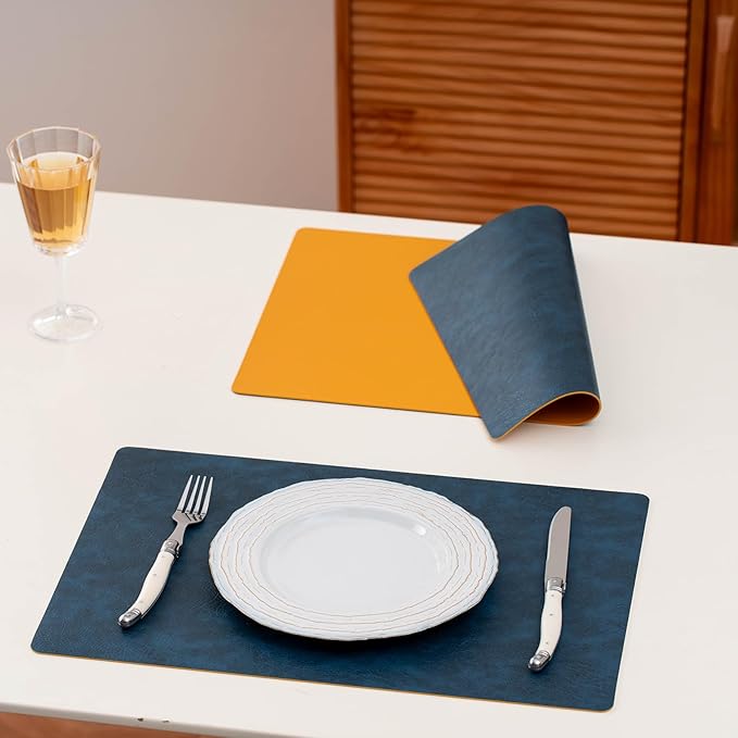 Placemats Set of 4 Reversible Dual-Color Table Placemats, Faux Leather 100% Waterproof Oil-Proof Wipeable Place Mats, Heat Resistant Dual Sided Table Mats for Kitchen/Dining/Party (Blue&Yellow