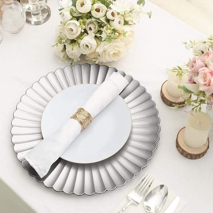 Efavormart 6 Pack | 13" Silver Scalloped Shell Pattern Plastic Serving Plates, Round Disposable Charger Plates