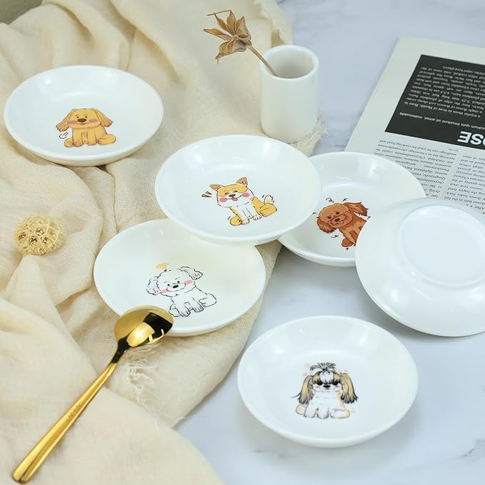 Funny Cartoon Cute Dogs Pattern Ceramic Sauce Dishes, Seasoning Dishes, Sushi Soy Dipping Bowls, Appetizer Plates, Dessert Plates, Little Cat Bird Feeding Bowls, Set of 6-Cute Dogs-3.5 Inch