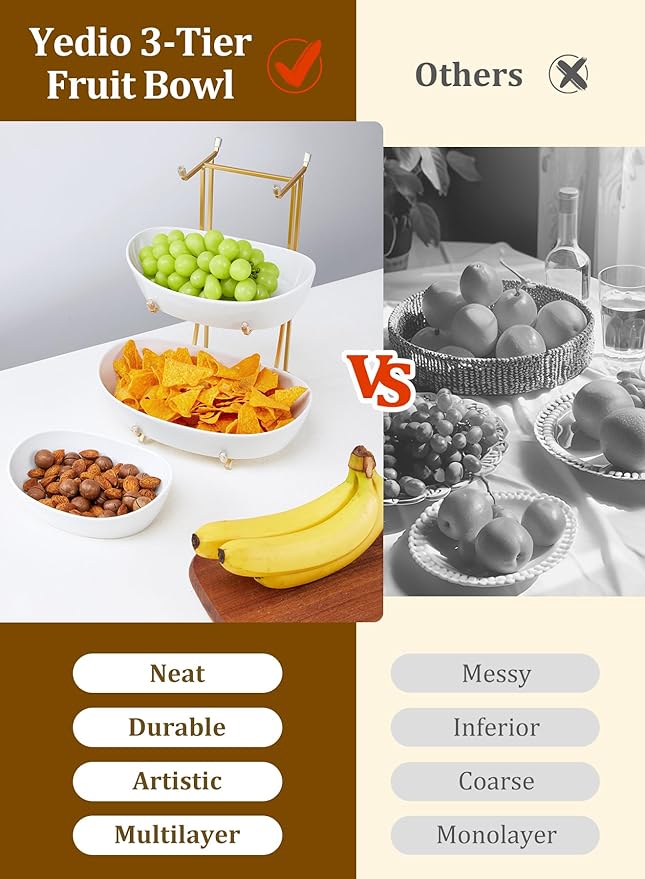 Yedio 3 Tier Fruit Bowl for Kitchen Counter, No Assembly Required Ceramic Fruit Basket with Metal Stand, Tiered Fruit Stand for Countertop for Fruit, Veggies, Snacks, Cake & Desserts