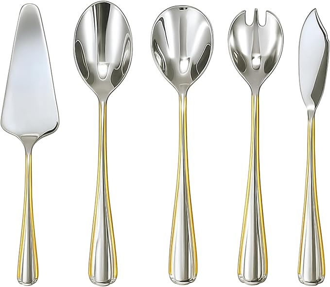5 Piece Hostess Set - Serving Utensil Set - 18/10 Stainless Steel Silverware - Luxurious Handle with Gold Detailing - Elegant Silver and Gold Flatware Hostess Serveware (5, Verona)