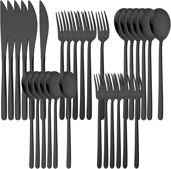 30 Pieces Silverware Set, Black-Flatware Cutlery Set Service for 6, 18/8 Stainless Steel Tableware Eating Utensils for Home/Hotel/Restaurant, Mirror Polished, Dishwasher Safe