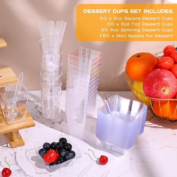 tchrules 300 Packs 5oz Dessert Cups with Spoons, 3 Styles Mini Plastic Appetizer Cups, Clear Parfait Cup for Party, Cake Cups for Tiramisu, Pudding, Snacks, Yogurt, Fruits