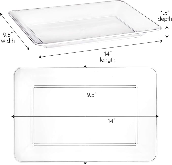 Plasticpro Plastic Serving Trays - 10 x 14 Serving Platters Rectangle Disposable Party Dish (12, Clear)