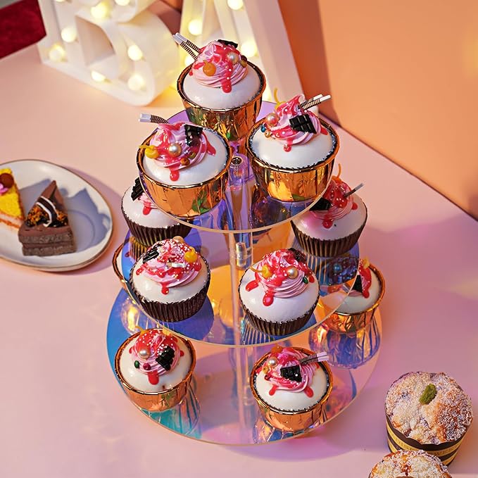 Acrylic Cupcake Stand, 3 Tier Round, Clear Dessert Tower Holder Display with Base for Baby Shower, Birthday Party,Wedding,Christmas,Reception (Rainbow Colors)